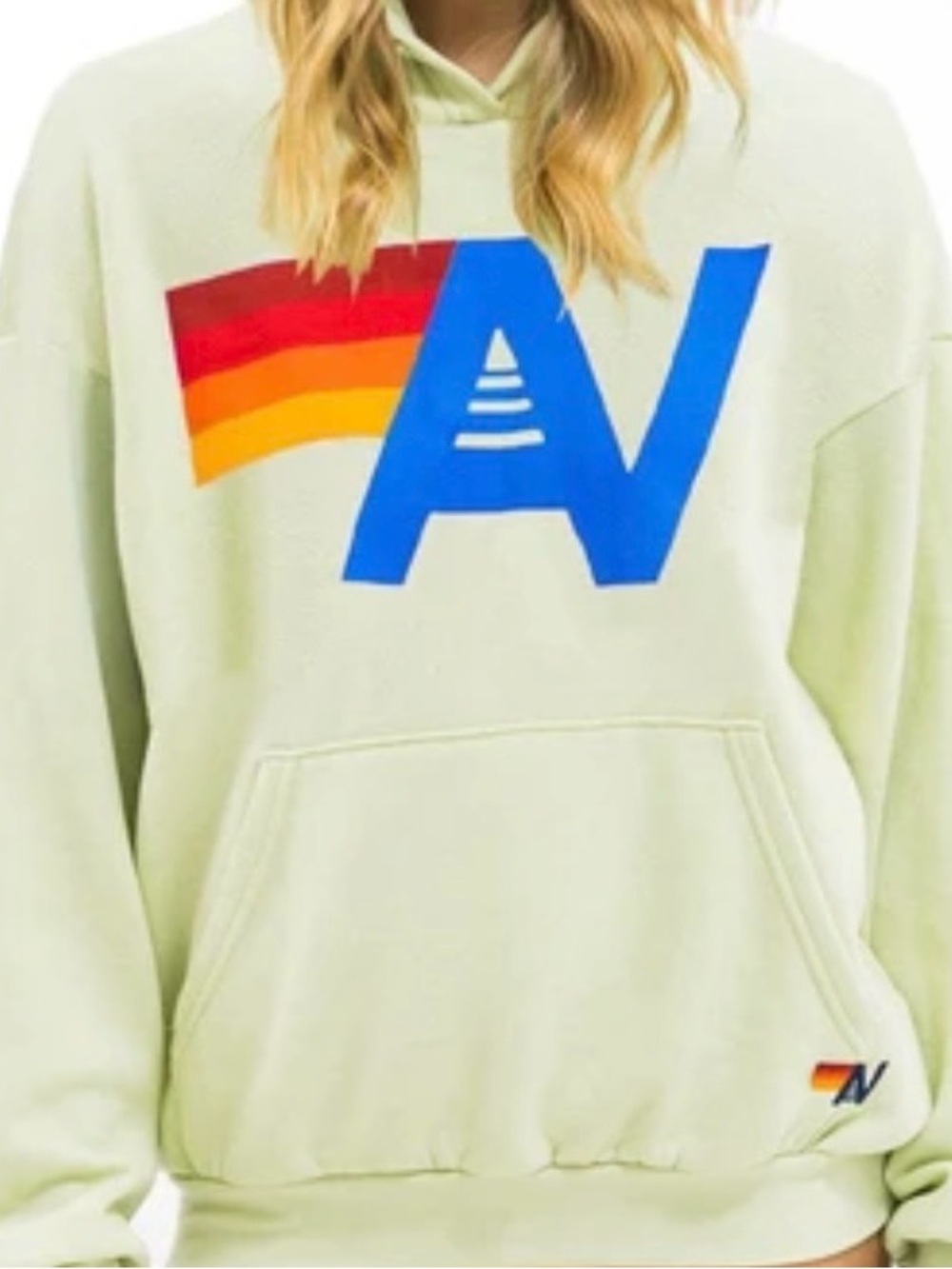 Aviator Nation Light Green Hoodie with Blue 'AV’ and Red-Orange Stripe